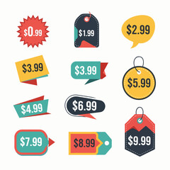 Set of colorful sale tags, discount price colorful tag from dollar set. Special sale offer advertising with price off label template