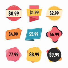 Set of colorful sale tags, discount price colorful tag from dollar set. Special sale offer advertising with price off label template