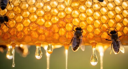 Fresh raw organic honey dripping from honeycomb with bees macro photography close up detail view