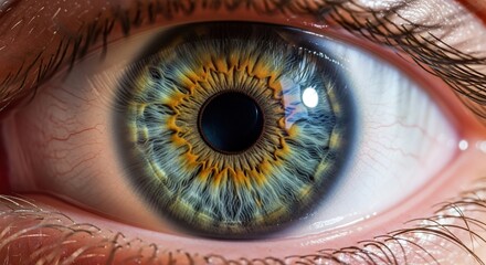 Close up detailed macro photography of a human eye with a unique and colorful iris pattern
