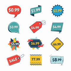 Set of colorful sale tags, discount price colorful tag from dollar set. Special sale offer advertising with price off label template
