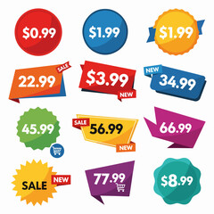 Set of colorful sale tags, discount price colorful tag from dollar set. Special sale offer advertising with price off label template