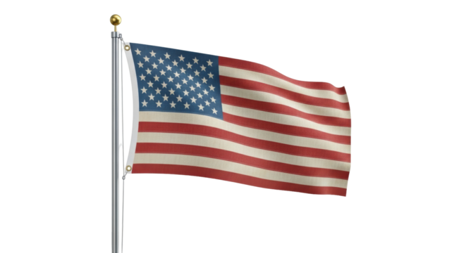Isolated United States of America flag flapping on flagpole in outdoor setting, patriotic