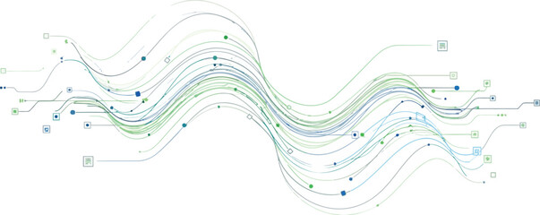 Abstract wavy lines with connected dots and squares on a clean white background design element