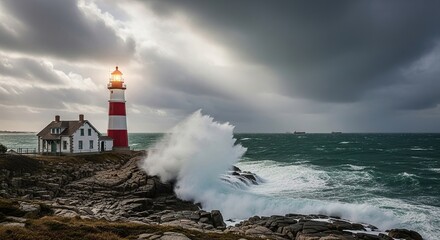 Explore the scenic coastal lighthouse with crashing waves and stormy skies for travel inspiration