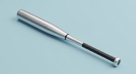 Silver aluminum baseball bat with black grip isolated against a light blue background
