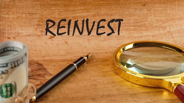 Business concept. Business concept. Animation, the appearance of a phrase, text REINVEST on tissue paper in the background