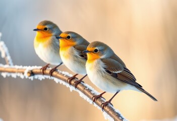 Fototapeta premium Three small birds with orange throats perched on a frosted branch.
