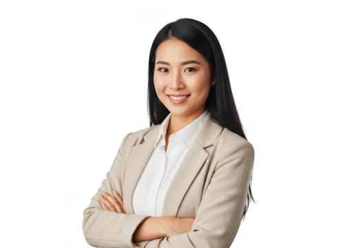 Smiling asian businesswoman with arms crossed in beige suit stock photo portrait isolated on transparent background - Powered by Adobe
