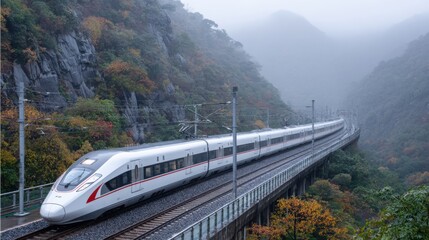 A high-speed train glides effortlessly along a curved rail track in a misty mountain region. Autumn foliage adds vibrant colors to the surrounding landscape, creating a peaceful atmosphere.