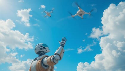 Robot reaches a hand towards two drones in a bright blue sky dotted with puffy white clouds low angle shot