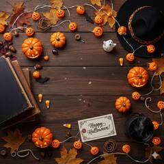 Halloween Flat Lay with Pumpkins, Witch Hat, and Lights