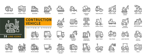 Minimalist Contruction Vehicle line icons set with editable stroke, featuring van, dumper truck, buldozer, excavator, pilling car, motor grader, snow cat, leader, crane. thin linear illustration.