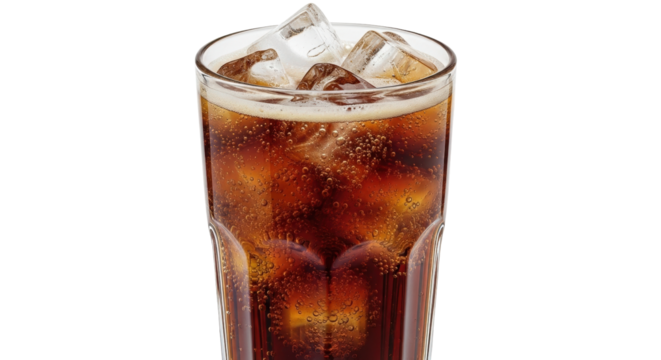 Isolated glass of soda drink with ice cubes, refreshingly fizzy beverage on a hot day