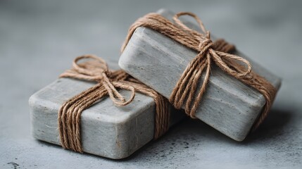 Two handcrafted gray soap bars are delicately presented, each wrapped in natural brown twine and tied with decorative bows, creating a rustic
