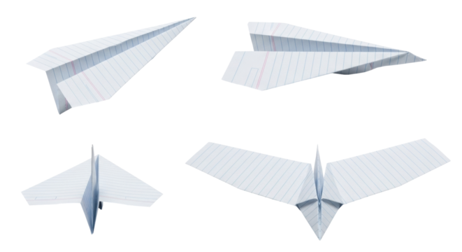 Isolated Four different paper airplane models, aviation concept, office game idea, origami models