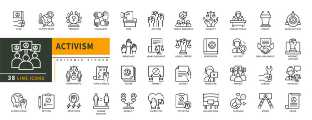 Minimalist Activism line icons set with editable stroke, featuring flag, climate crisis, femanism, solidarity, vote, rasistance, podium, protest, strike, potention, social. thin linear illustration.