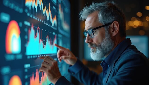 Middle-aged businessman examines financial data on interactive screen. Man with glasses studies charts graphs. Pro works with digital interface. Business analytics, management at workplace.
