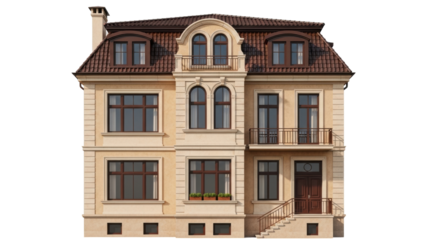 Isolated European house facade exterior building in warm beige tones and brown trim style