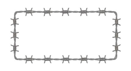 Isolated barbed wire frame, steel fencing protection, boundary security design element, metal border