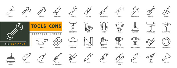 Minimalist Tools line icons set with editable stroke, featuring mallet, ax, hammer, hand saw, wrench, washer, tool box, cutter, bolt, screw, pencil, chhainsaw, level, nails. thin linear illustration.