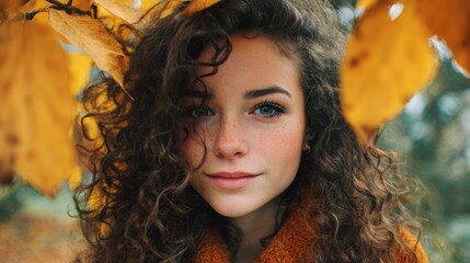 Fototapeta premium A young woman with curly hair enjoys a lovely autumn day surrounded by bright yellow leaves. Her warm smile reflects the tranquil beauty of the season.