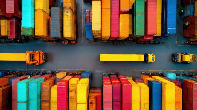Colorful shipping container yard with trucks transporting goods highlighting labor shortage impact logistics transportation