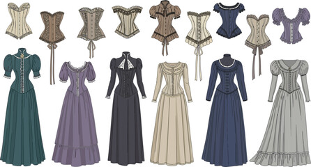 A collection of victorian era dresses and corsets in various colors and designs on a white background