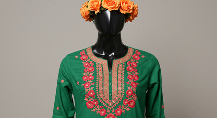 Traditional Indian/Pakistani Kurti in emerald green with vibrant pink embroidery displayed on a studio mannequin.