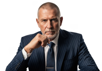 Serious businessman portrait in pinstripe suit, older man with intense gaze, corporate professional image, png photo isolated on transparent background