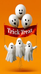 Obraz premium Playful Ghosts with Balloons Holding Trick or Treat Banner Against Bright Orange Background