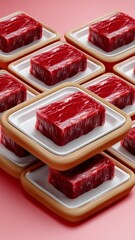 Stylized 3D Arrangement of Vegan Meat Trays in Vibrant Red Against a Pink Background
