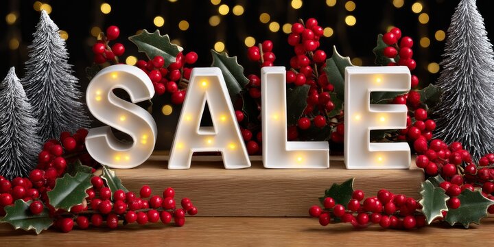 Illuminated Sale Sign Surrounded by Holiday Decorations Including Evergreen Trees and Red Berries in Festive Atmosphere