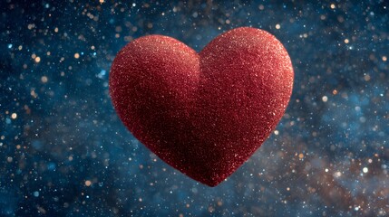 Obraz premium Sparkling red heart floats in a cosmic-like space filled with shimmering particles, offering a romantic and dreamy ambiance against a dark blue backdrop with luminous details.