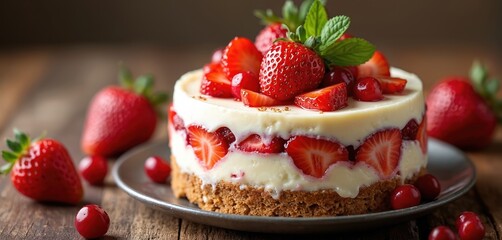 Sweet strawberry cheesecake layers of white cream, fresh strawberries, crumbly crust. Topped with whole red berries, green mint leaves, sits on dark metal plate. Juicy raw berries scatter on rustic