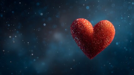 Obraz premium Romantic scene depicts a sparkling, glitter-covered red heart suspended against a dreamy, blurred blue background with bokeh effects.