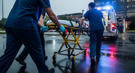 Paramedics moving a stretcher towards ambulance on a rainy day with lights reflecting on the pavement