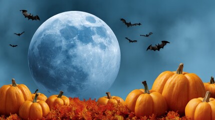 Vibrant Halloween Scene Featuring Large Orange Pumpkins and Full Moon with Flying Bats Against Bright Cyan Background
