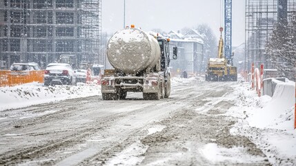 A concrete mixer on a snowy construction site, showing work continuing in challenging conditions.