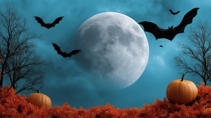 Vibrant Halloween Scene with Bright Cyan Background Full Moon Bats and Pumpkins