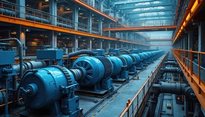 Large industrial power plant with rows of blue turbine engines generating electricity. Complex machinery and piping fill the spacious interior. A worker inspects equipment in the distance.