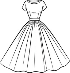 A line drawing of a dress with a boat neckline short sleeves and a full skirt on a white background