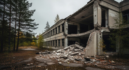 A hauntingly beautiful depiction of an abandoned building, partially collapsed, set against a backdrop of dense forest with vibrant autumn foliage
