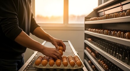 Obraz premium Person sorting eggs from a carton onto a conveyor belt with a rack of eggs in the background