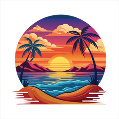 Vibrant sunset over ocean with palm trees and tropical beach scenery