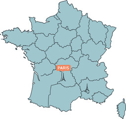 Illustrated map of france with regions paris highlighted and eiffel tower icons on a white background
