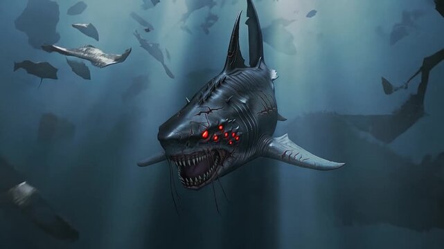 Cybernetic Shark with Glowing Red Eyes Swimming in Murky Water Video