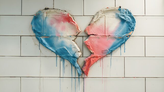A fractured, painted heart displayed against a backdrop of white, rectangular tiles creates a poignant visual contrast, featuring a split design with bold splashes of red and blue tones that evokes...