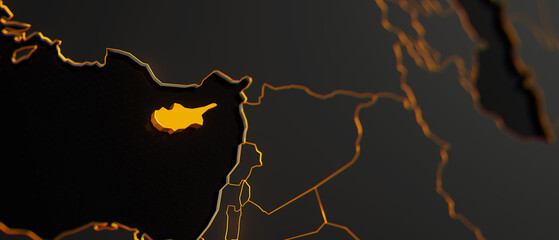 Golden Cyprus 3d map surrounded with other countries in black with golden borders and shallow dof. Europe political map with borders