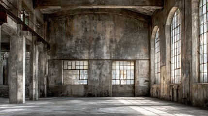 Abandoned Industrial Building Interior With Worn Concrete Walls and Windows.